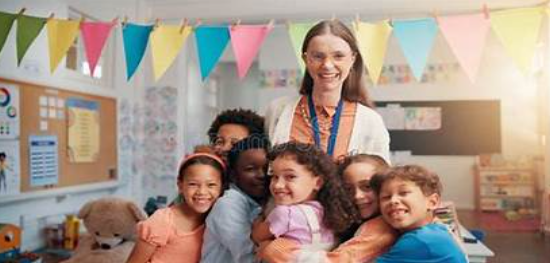 Diverse group of young students with a mentor in a classroom